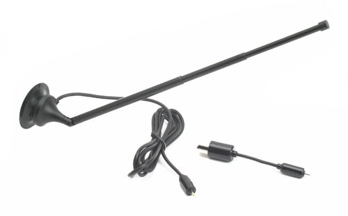 A black portable digital TV antenna with a suction cup base, coaxial connector, and a USB stick adapter for the Asus My Cinema-U3000 Mini USB TV tuner.