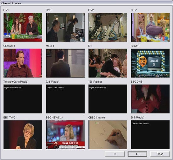 Screenshot of a TV tuner software interface showing multiple channel previews including various live television programs and radio station feeds.