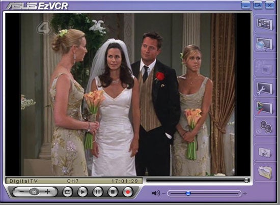 Screenshot of the ASUS EZVCR software interface displaying a television show with a wedding scene, featuring two characters in wedding attire and two bridesmaids.
