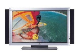 Fujitsu 63-inch P63XHA51ES plasma TV displaying a colorful windsurfing scene with clear image quality and a silver bezel on a black stand.