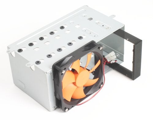 Thermaltake computer case fan accessory with orange blades attached to a metal mounting bracket.