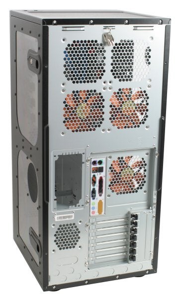 Rear view of a Thermaltake Mozart TX computer case showing multiple fan grilles, expansion slots, and the I/O shield area.