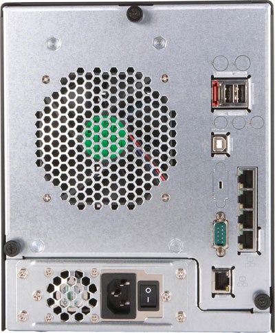 Rear panel of Thecus N5200 RouStor NAS Router showing fan vent, USB ports, network interfaces, and power connector.