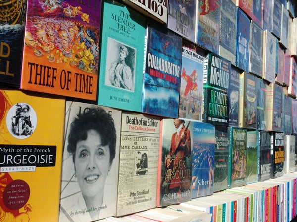 A high-quality image showing a riverfront with people on a wooden pier and a cityscape in the background, demonstrating the 5-megapixel resolution of the LG KG920 cameraphone.Display of various colorful book covers on a shelf captured with high detail and resolution, showcasing the camera's ability to capture vibrant colors and sharp text.