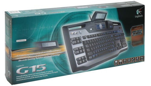 Logitech G15 gaming keyboard packaging box with a clear image of the keyboard displayed and product features listed.