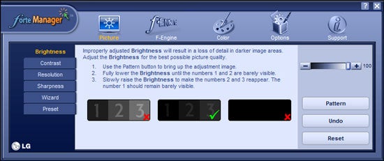 Screenshot of LG Forte Manager software interface showing brightness adjustment tool for LG L1900R Monitor with instructions on how to properly adjust brightness to ensure numbers 1 and 2 are barely visible on a black background for optimal picture quality.