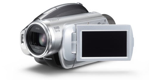 Panasonic HD camcorder with swiveled open LCD screen on a white background.