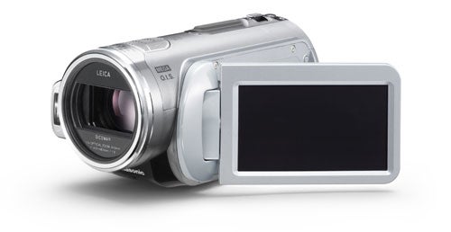 Panasonic HD camcorder with flip-out LCD screen open on a white background.