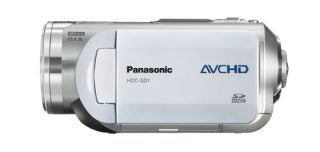 Side view of a Panasonic HDC-SD1 AVCHD HD camcorder with silver and white body.