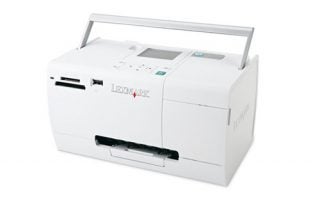 Lexmark P350 portable photo printer with open paper tray on a white background.