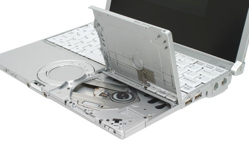 Panasonic ToughBook CF-W5 laptop with the silver-colored durable casing open to reveal the keyboard, screen, and optical drive.
