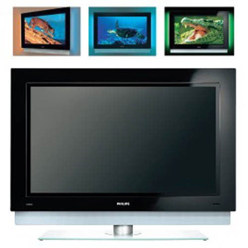 Philips 42PF9631D 42-inch plasma TV displayed in front with a montage of smaller images showing colorful nature scenes on its screen to demonstrate picture quality.