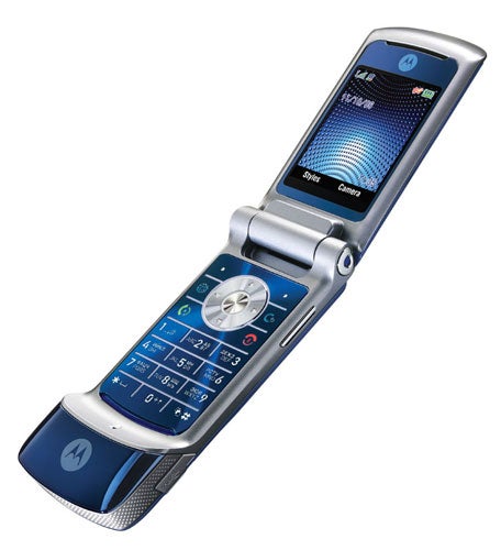 Motorola MOTOKRZR K1 flip phone with a blue cover, open to show the inner screen and keypad.