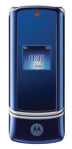 Motorola MOTOKRZR K1 mobile phone in blue color showing the time on its external display.