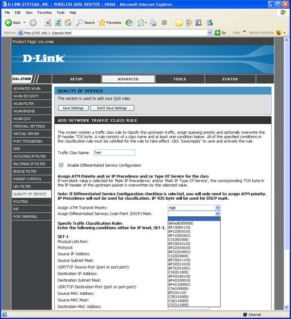 Screenshot of D-Link DSL-2740B router configuration interface opened in Internet Explorer, showing the Quality of Service settings page where network traffic class rules can be added or modified.