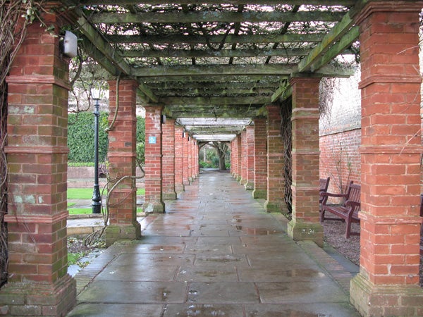 Photograph of a pergola walkway with overhanging vines, brick columns, and benches on a wet day, possibly taken with a Canon PowerShot G7 camera.