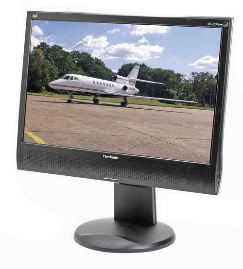 ViewSonic VG2230wm LCD monitor displaying an image of a private jet on a tarmac.