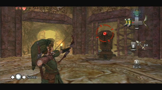 Screenshot from The Legend of Zelda: Twilight Princess video game showing the main character aiming a bow and arrow with a targeting reticle on the screen, along with the game's user interface displaying heart health, items, and controls.