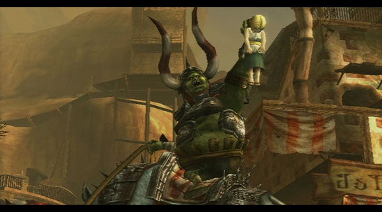 A screenshot from The Legend of Zelda: Twilight Princess video game featuring an armored character riding a large boar-like creature with a small cloaked figure behind them in a desolate market environment.