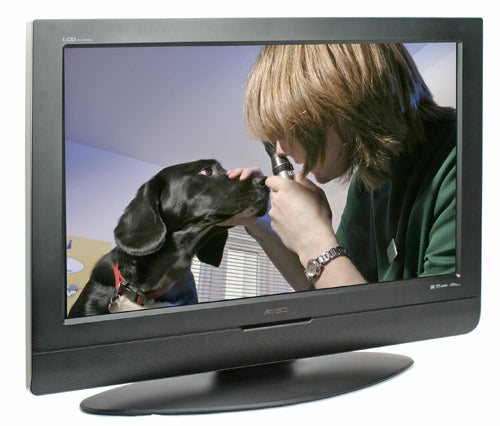Atec AV371DS 37-inch LCD TV displaying a clear image of a person using an otoscope to examine a dog's ear.