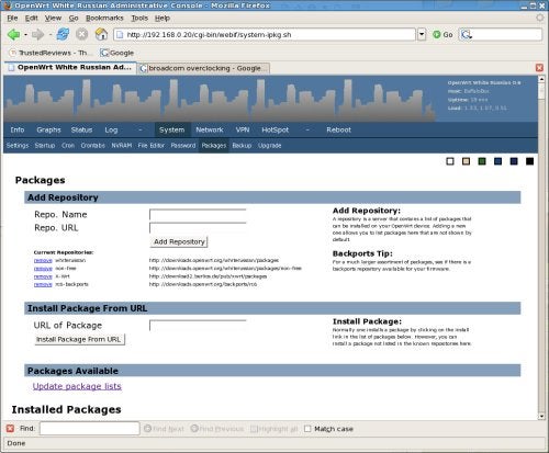 Screenshot of OpenWRT web interface displaying package management options, including sections for adding a repository and installing a package from a URL.