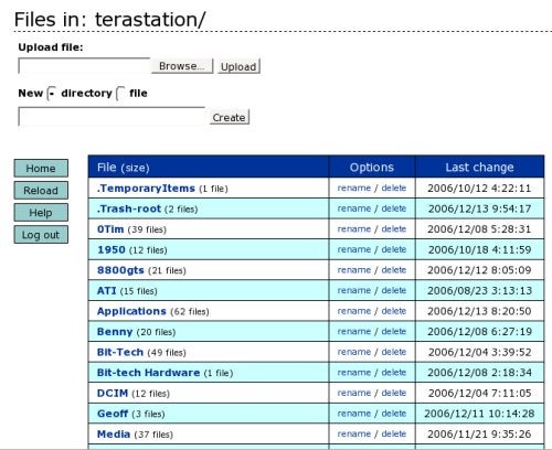 Web interface of a file browser displaying various directories and files with options to upload, create a new directory, and manage existing files, resembling a server or network attached storage system potentially used for OpenWRT product review documentation or performance testing results.