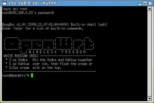 Screenshot of a PuTTY terminal session displaying the login interface for an OpenWRT router with the IP address 192.168.0.20, and the command prompt showing a successful login as root user. The welcome banner presents the OpenWRT logo and a White Russian cocktail recipe.