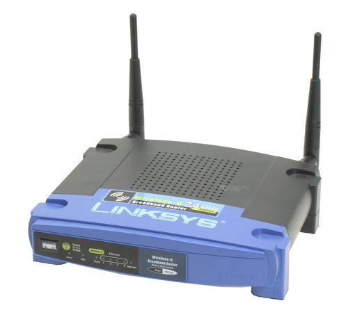 Linksys wireless router with two antennas and a blue and black design, compatible with OpenWRT firmware.