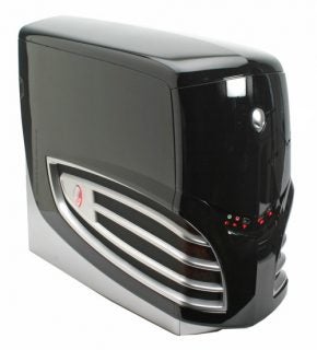 Alienware Area-51 7500 desktop computer with a glossy black finish, silver accents, and red lighting on the front panel, showcasing the distinctive Alienware design.