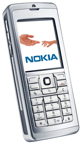 Nokia E60 smartphone displayed vertically with the screen showing the Nokia logo and handshake graphic, featuring a full keyboard and navigational buttons.