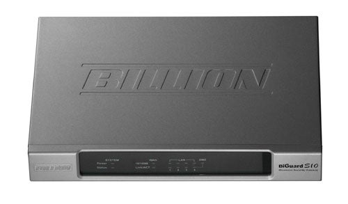 Billion BiGuard S10 network security appliance product image showcasing its front panel with logos, status indicators, and ports.