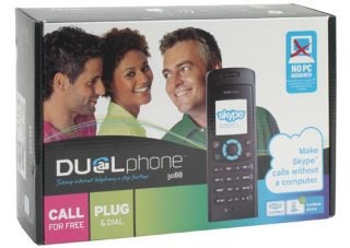 The image shows the packaging box for the RTX Dualphone 3088. The box features an image of the cordless landline phone with a Skype interface on the screen, alongside three smiling individuals. Text on the box highlights key features such as the ability to make Skype calls without a computer, and emphasizes ease of use with the phrases 