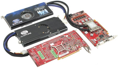 Sapphire TOXIC X1950 XT-X graphics card with external liquid cooling system and red PCB.