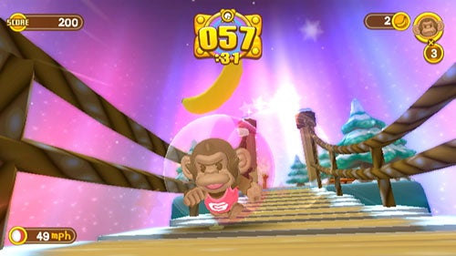 Screenshot of Super Monkey Ball: Banana Blitz gameplay showing a monkey character inside a transparent ball navigating an obstacle course with a scoreboard displaying time and points.
