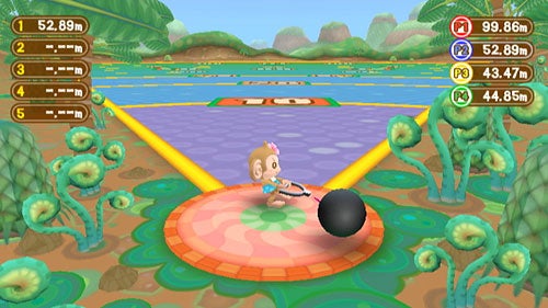 Screenshot from the game Super Monkey Ball: Banana Blitz showing a character rolling on top of a ball towards a goal platform with distance markers on the top right indicating the performance of players.