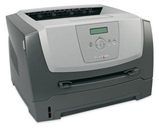 Lexmark E352dn mono laser printer on a white background, showing the front panel with control buttons and a green display screen.
