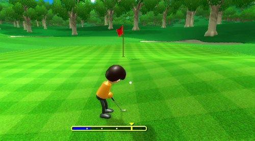 Screenshot of the golf game from Wii Sports showing an animated character preparing to hit a ball on a virtual green golf course.