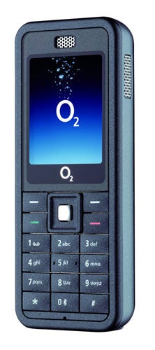 O2 branded mobile phone with a classic keypad and a screen displaying the O2 logo on a blue background.