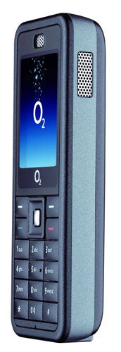 Vertical view of a blue O2 branded mobile phone with a digital screen displaying the O2 logo, numeric keypad, and side speakers.