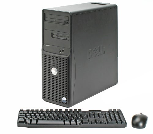 Dell PowerEdge SC440 server tower with a keyboard and mouse on a white background.