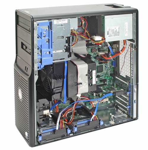 Interior view of an open Dell PowerEdge SC440 server showing internal components including memory slots, processor heat sink, power supply, and cabling.