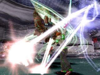 In-game screenshot from Phantasy Star Universe showing a player character engaging in combat with a creature using a light-based weapon.