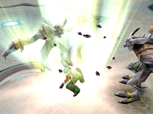 Image depicting a gameplay moment from Phantasy Star Universe where a player character is engaging in combat with two alien-like creatures, using a glowing weapon with light effects indicating an action move.