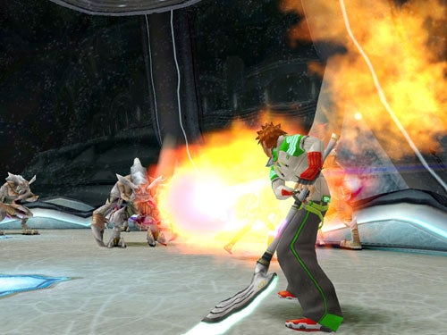 Screenshot from Phantasy Star Universe showing a player character using a flamethrower against two enemy creatures in a sci-fi-themed environment.
