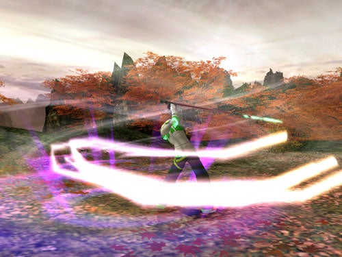 A character from Phantasy Star Universe performing an attack with a glowing weapon in a colorful autumn landscape within the game.