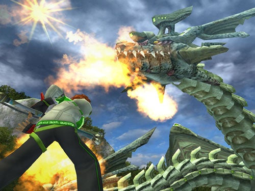 A screenshot from the game Phantasy Star Universe depicting a player character in a green and white suit facing a large, dragon-like creature with rocky scales that is exhaling fire. They appear to be in an outdoor environment with sunlight and vegetation in the background.