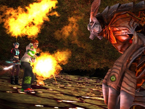 Two characters from Phantasy Star Universe engaged in battle with a fiery creature in a game screenshot.