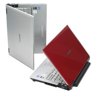 Samsung Q35 Red Core 2 Duo laptop displayed open with a silver keyboard and a metallic red lid, along with its retail box.