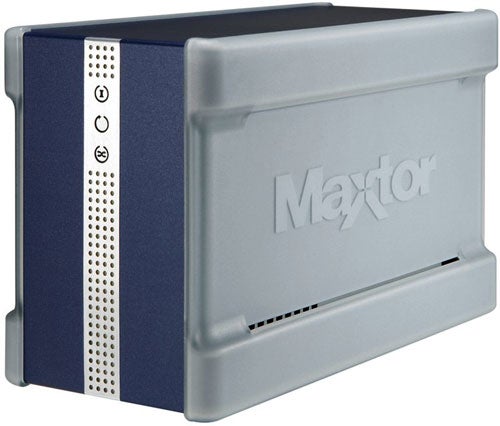 Maxtor Shared Storage II 1TB external hard drive with a silver and blue case and the Maxtor logo embossed on the front.