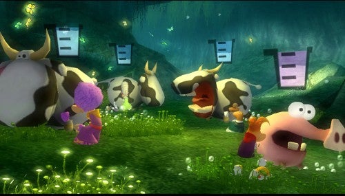 Screenshot from the video game Rayman Raving Rabbids showing animated characters including Rabbids and a cow in a whimsical, colorful environment.